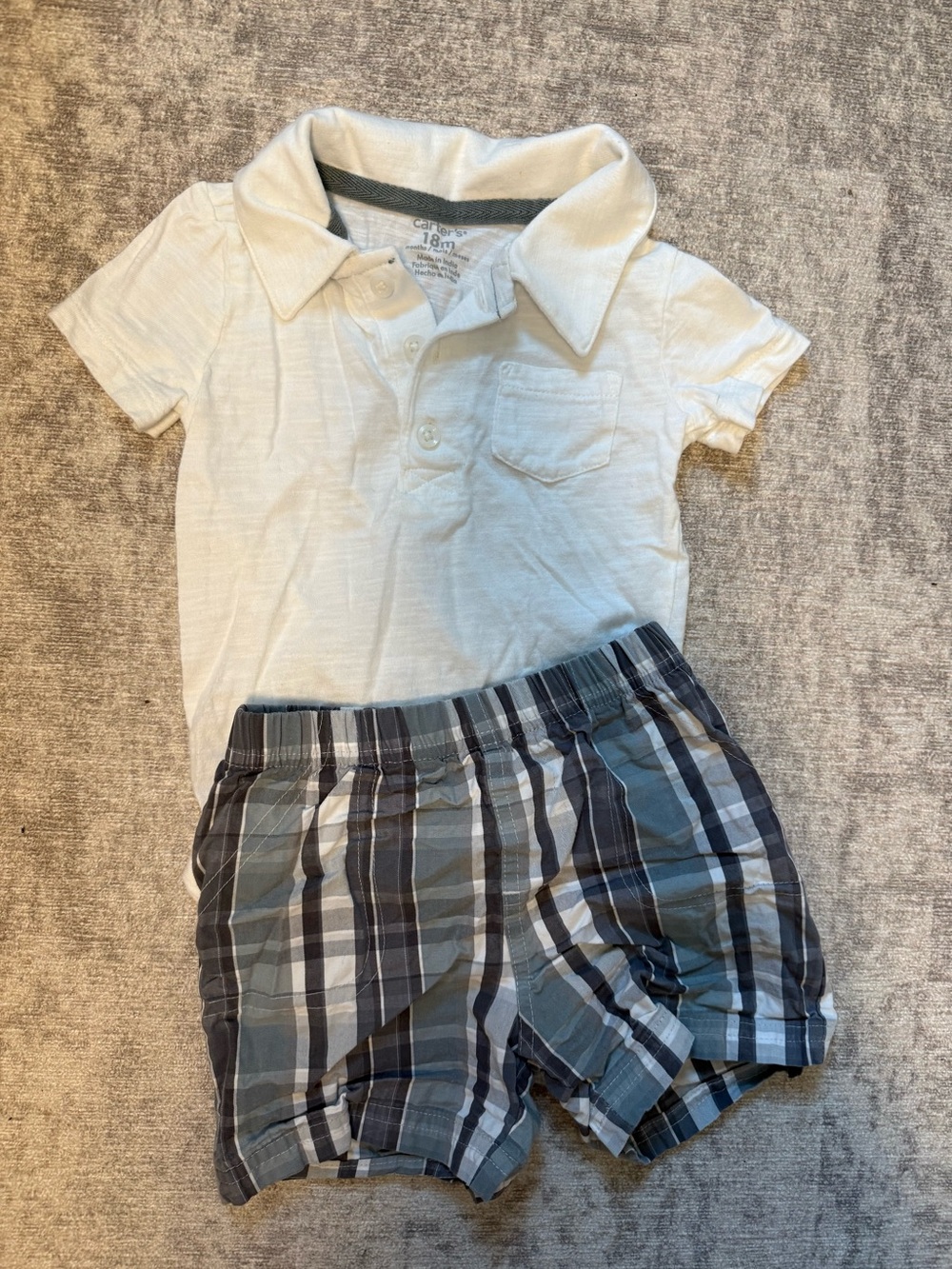 Carter's Cream Polo with Blue and Gray Plaid Shorts